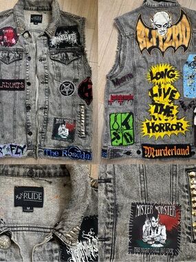 Vintage RUDE Black Acid-Wash Denim Battle Vest Patch Vest with Studs Medium
